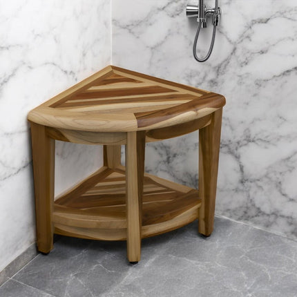 22" Natural Teak Corner Shower Bench With Shelf HomeRoots