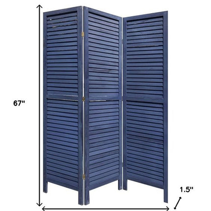 67" Dark Blue Solid Wood Folding Three Panel Screen Room Divider HomeRoots