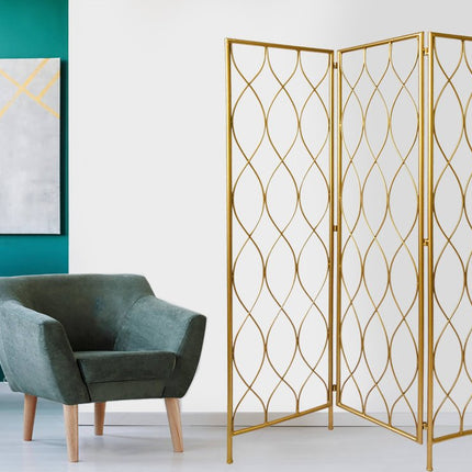 71" Gold Iron Folding Three Panel Screen Room Divider HomeRoots