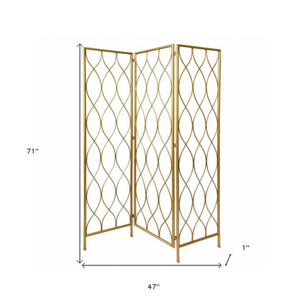 71" Gold Iron Folding Three Panel Screen Room Divider HomeRoots