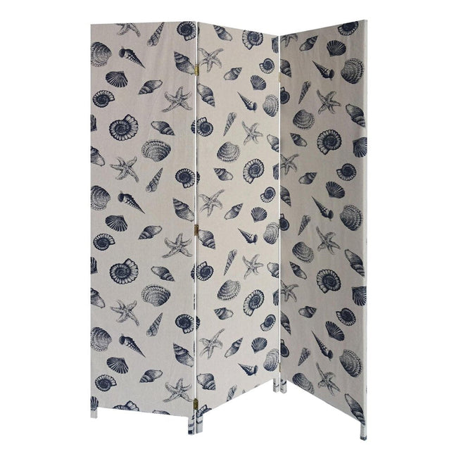 71" Blue and Beige Fabric Folding Three Panel Screen Room Divider HomeRoots