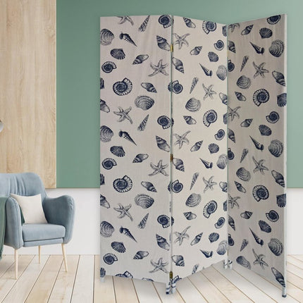 71" Blue and Beige Fabric Folding Three Panel Screen Room Divider HomeRoots