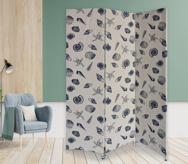 71" Blue and Beige Fabric Folding Three Panel Screen Room Divider HomeRoots