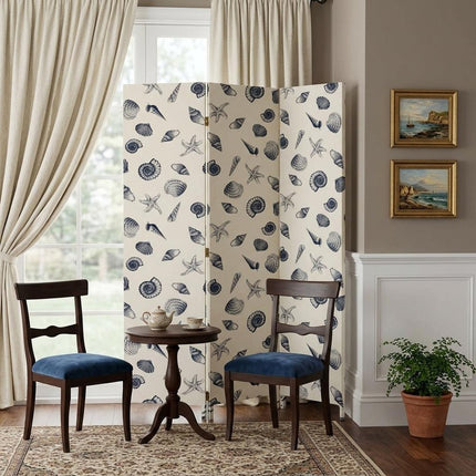 71" Blue and Beige Fabric Folding Three Panel Screen Room Divider HomeRoots