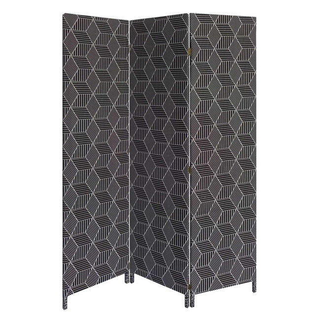 71" Black and White Fabric Folding Three Panel Screen Room Divider HomeRoots