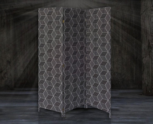 71" Black and White Fabric Folding Three Panel Screen Room Divider HomeRoots