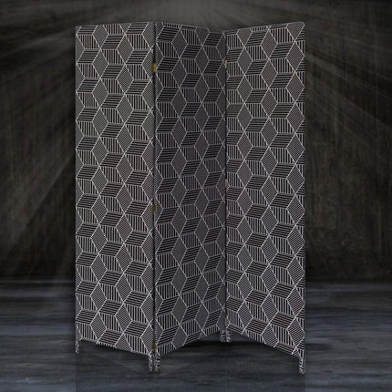 71" Black and White Fabric Folding Three Panel Screen Room Divider HomeRoots