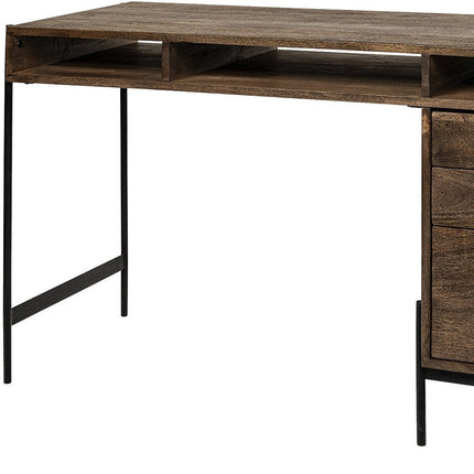 56" Medium Brown Wooden Writing Desk With 3 Drawers And 3 Open Shelves HomeRoots
