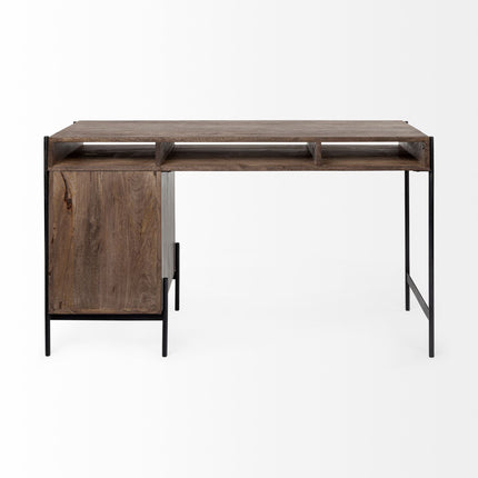 56" Medium Brown Wooden Writing Desk With 3 Drawers And 3 Open Shelves HomeRoots
