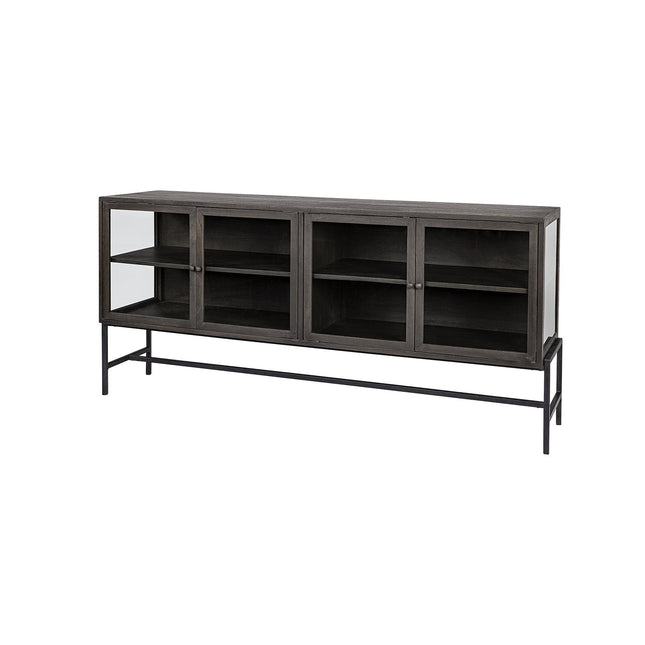 70" Black Solid Wood Sideboard with Four Glass Doors HomeRoots