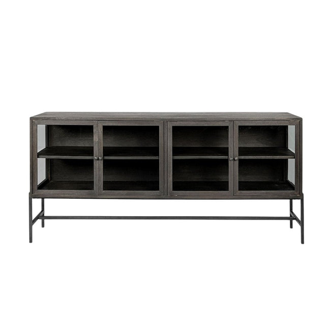 70" Black Solid Wood Sideboard with Four Glass Doors HomeRoots
