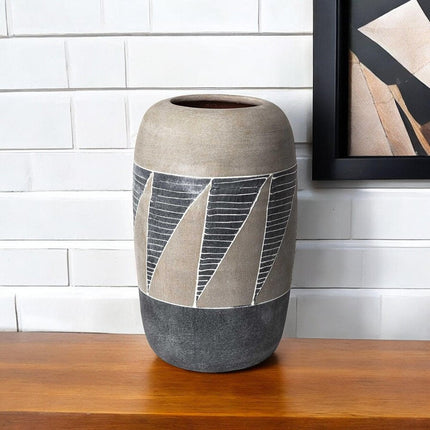 15" Brown And Gray Geometric Cylinder Ceramic Table Vase HomeRoots