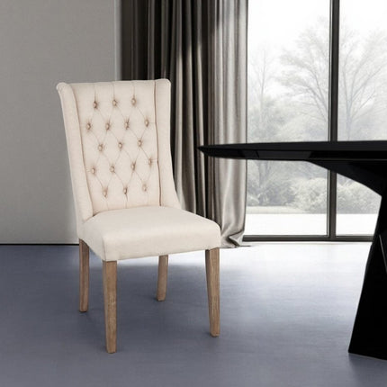 Tufted Cream and Brown Upholstered Linen Wing Back Dining Side Chair HomeRoots