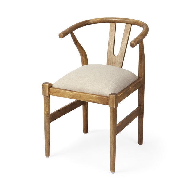 Beige And Brown Upholstered Fabric Wishbone Back