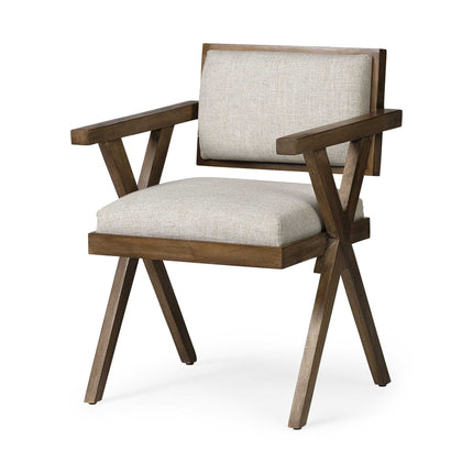 Cream And Brown Upholstered Fabric Open Back Dining Arm Chair HomeRoots