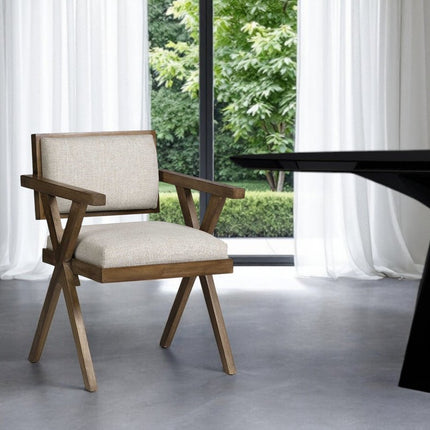 Cream And Brown Upholstered Fabric Open Back Dining Arm Chair HomeRoots