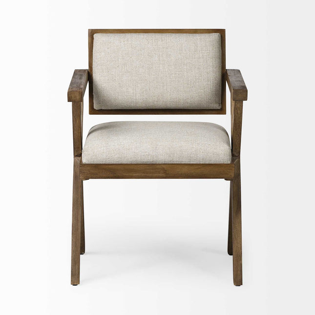 Cream And Brown Upholstered Fabric Open Back Dining Arm Chair HomeRoots