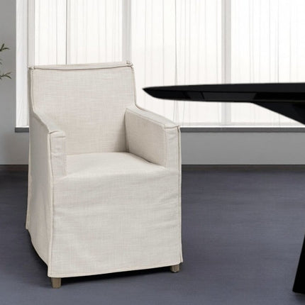 Cream and Brown Slipcovered Upholstered Fabric Dining Arm Chair HomeRoots