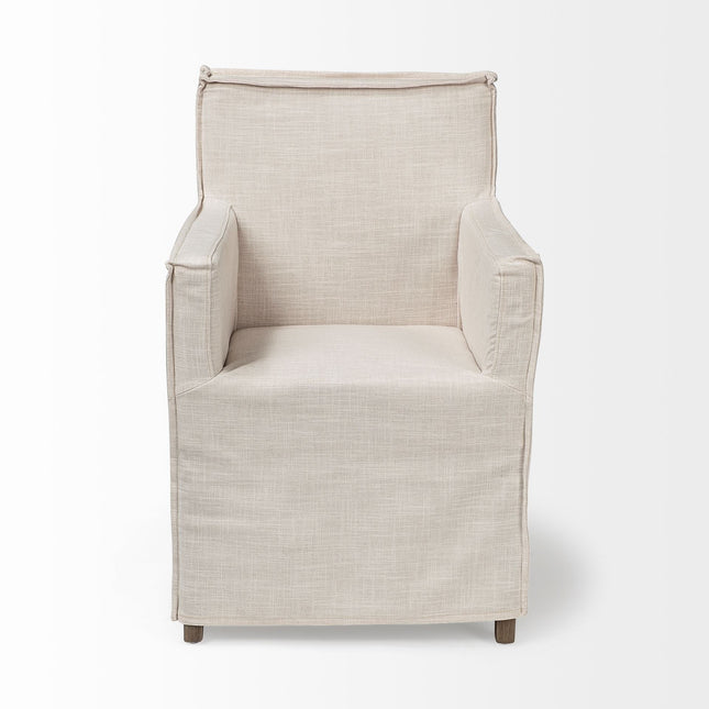 Cream and Brown Slipcovered Upholstered Fabric Dining Arm Chair HomeRoots