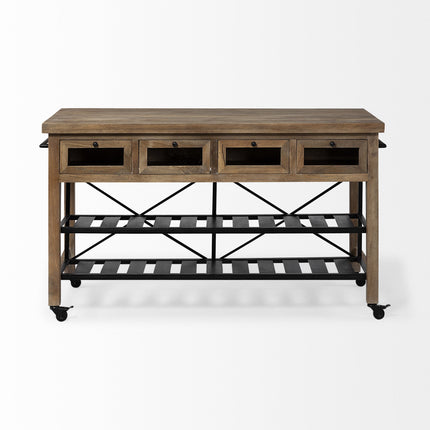 Brown Solid Wood Top Kitchen Island With Two Tier Black Metal Rolling HomeRoots