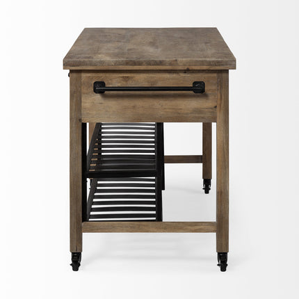 Brown Solid Wood Top Kitchen Island With Two Tier Black Metal Rolling HomeRoots