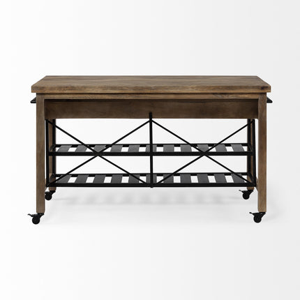 Brown Solid Wood Top Kitchen Island With Two Tier Black Metal Rolling HomeRoots