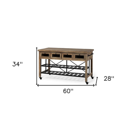 Brown Solid Wood Top Kitchen Island With Two Tier Black Metal Rolling HomeRoots