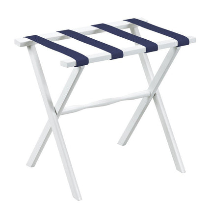 Hotel White Finish Wood Folding Luggage Rack With Navy Straps HomeRoots