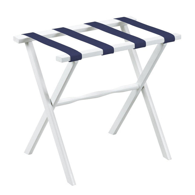 Hotel White Finish Wood Folding Luggage Rack With Navy Straps HomeRoots
