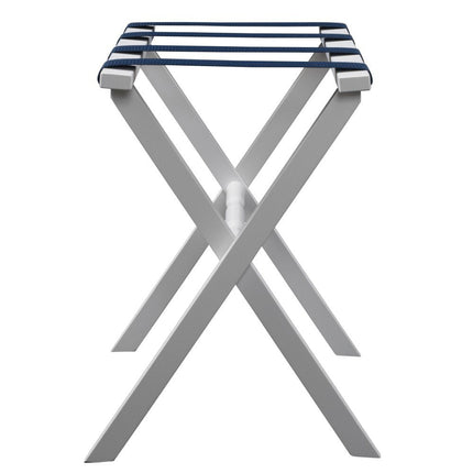 Hotel White Finish Wood Folding Luggage Rack With Navy Straps HomeRoots