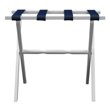 Hotel White Finish Wood Folding Luggage Rack With Navy Straps HomeRoots