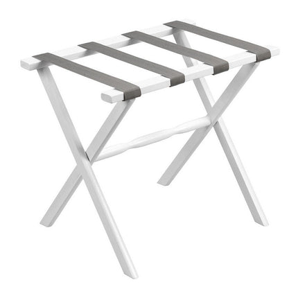 Hotel White Finish Wood Folding Luggage Rack With Gray Straps HomeRoots