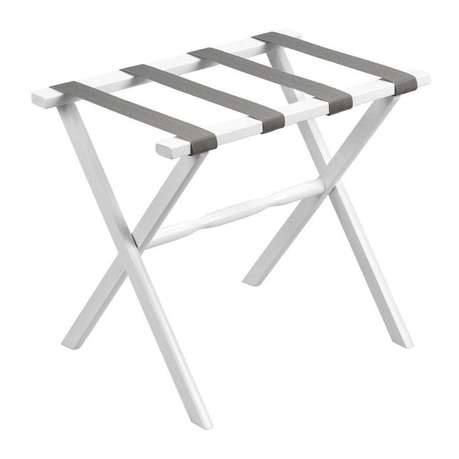 Hotel White Finish Wood Folding Luggage Rack With Gray Straps HomeRoots