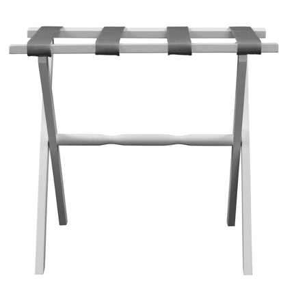 Hotel White Finish Wood Folding Luggage Rack With Gray Straps HomeRoots