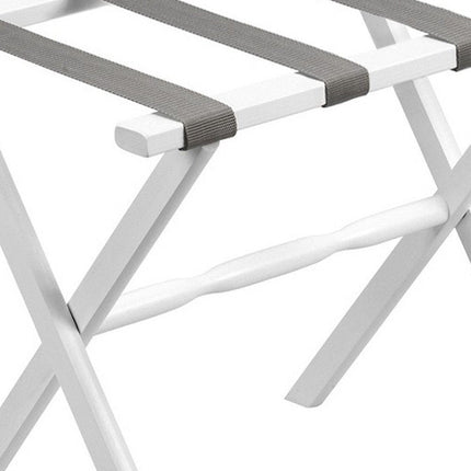 Hotel White Finish Wood Folding Luggage Rack With Gray Straps HomeRoots