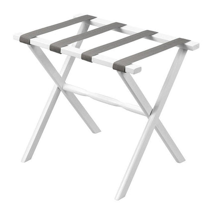 Hotel White Finish Wood Folding Luggage Rack With Gray Straps HomeRoots