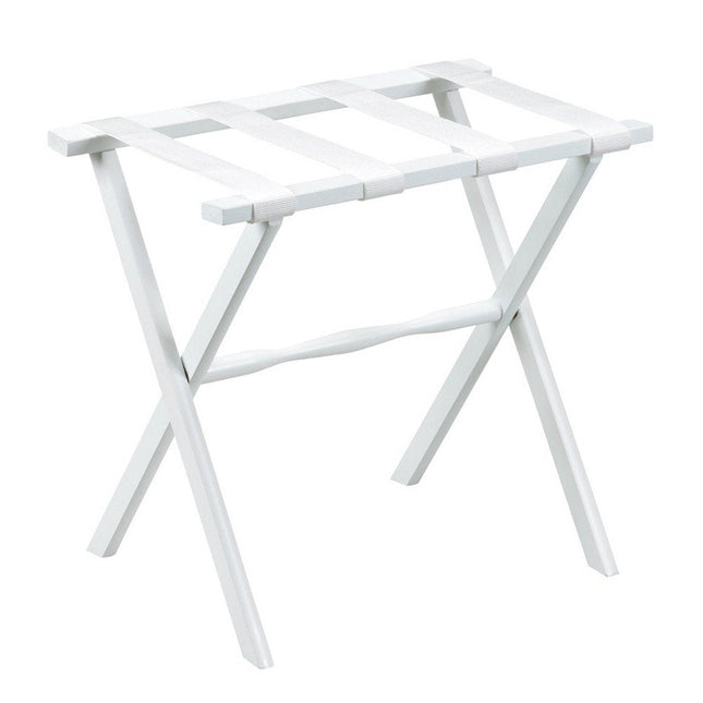 Hotel White Finish Wood Folding Luggage Rack With White Straps HomeRoots