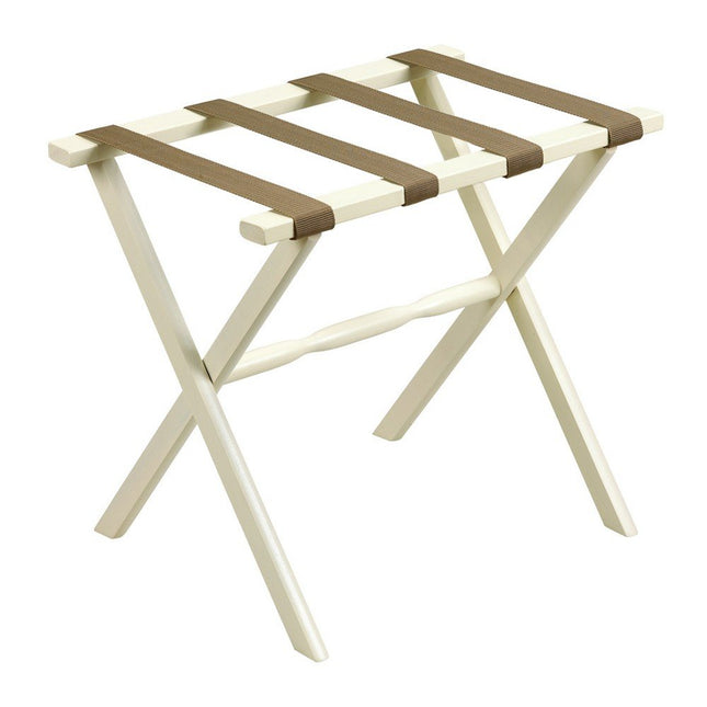 Hotel Ivory Finish Wood Folding Luggage Rack With Tan Straps HomeRoots