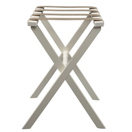 Hotel Ivory Finish Wood Folding Luggage Rack With Tan Straps HomeRoots