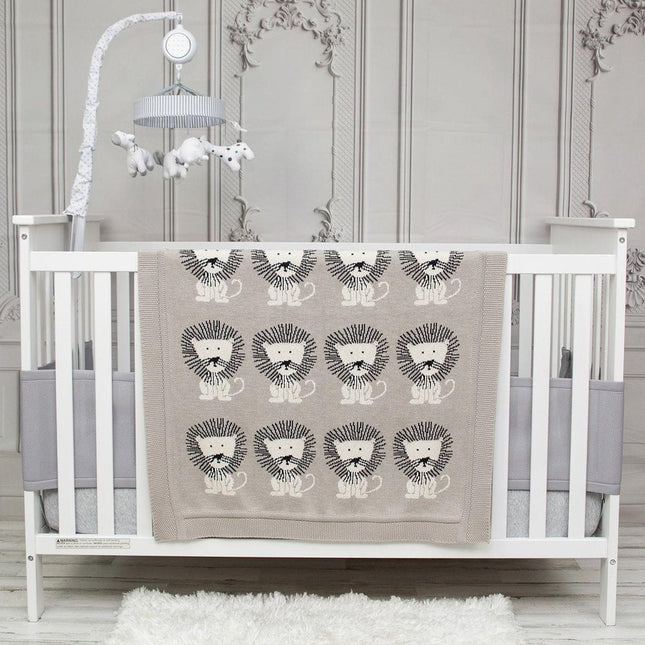 Grey Lots Of Lions Woven Knitted Baby Blanket HomeRoots