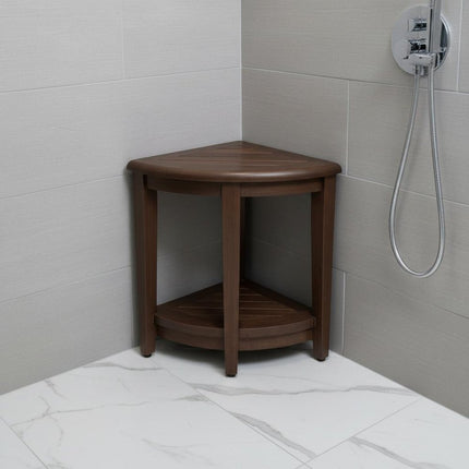 Curvilinear Dark Brown Teak 18" Corner Shower Bench With Shelf