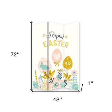 72" Yellow and White Canvas Folding Three Panel Screen Room Divider HomeRoots