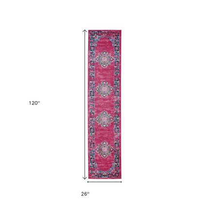 10' Fuchsia And Blue Oriental Distressed Runner Rug HomeRoots
