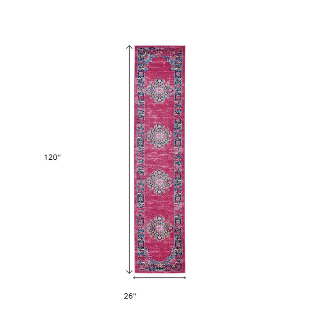 10' Fuchsia And Blue Oriental Distressed Runner Rug HomeRoots