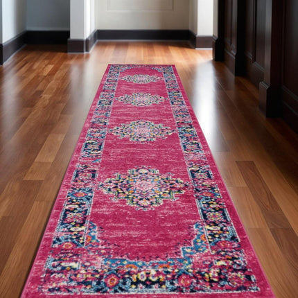 10' Fuchsia And Blue Oriental Distressed Runner Rug HomeRoots