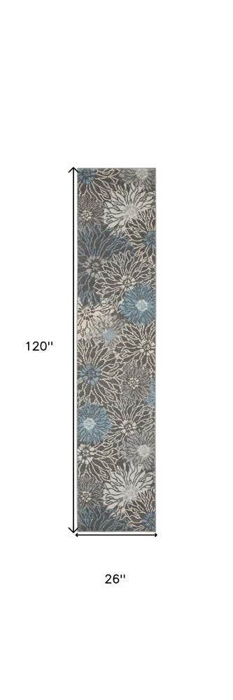 10' Blue And Gray Floral Runner Rug HomeRoots