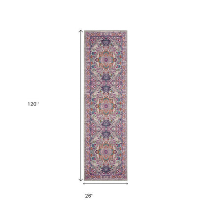 10' Light Gray And Pink Medallion Runner Rug HomeRoots