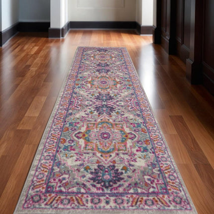 10' Light Gray And Pink Medallion Runner Rug HomeRoots
