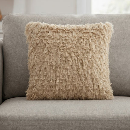 Soft Beige Shag Accent Pillow HomeRoots