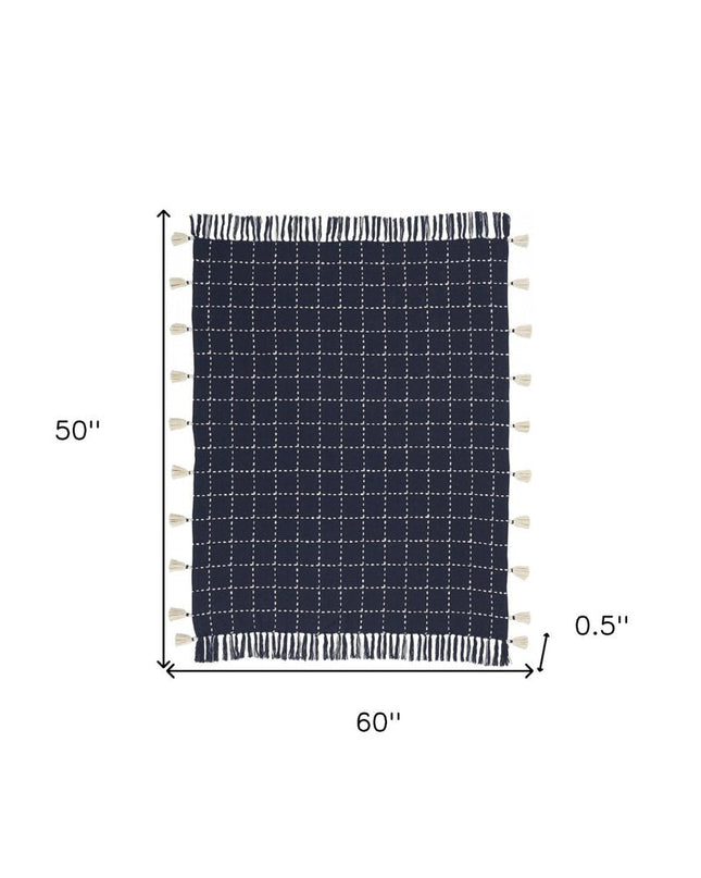 Navy And White Stitched Square Pattern Cotton Throw Blanket HomeRoots